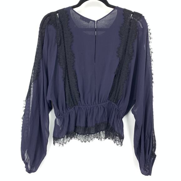LoveShackFancy Long Sleeve Lace Inset Blouse Womens Size Small Navy Black Silk - Picture 2 of 6